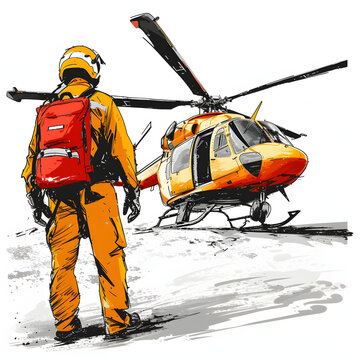 Air rescue service preparing for a critical mission isolated on white background, doodle style, png

