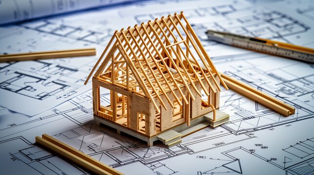 Wooden frame house model under construction on blueprints   building project concept