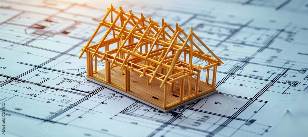 Poster wooden frame house model under construction on blueprints with copy space for text placement