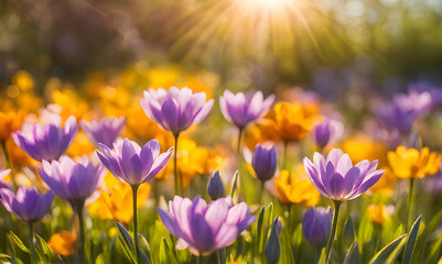 Fototapeta premium Sunny spring field: Vibrant flowers under the sun