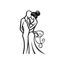 vector one line art bride and groom wedding couple isolated background