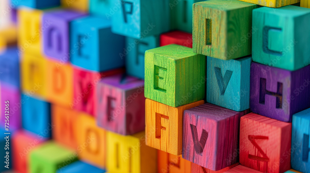 Fototapete colourful rainbow cube blocks with letters, symbols, macro close-up abstract background. wooden stac