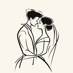 vector one line art bride and groom wedding couple isolated background