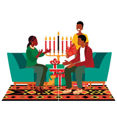 A family engaging in reflections and discussions, embodying the principle of self-determination Kujichagulia during Kwanzaa vector style illustration