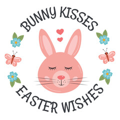 Bunny kisses Easter wishes. Cute Happy Easter cards, round sticker with cute pink bunny in love. Cute funny round sticker, gift tag for gift packaging, kids, friends, family. Easter holiday label.