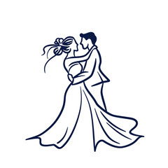 vector one line art bride and groom wedding couple isolated background