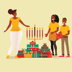A family engaging in reflections and discussions, embodying the principle of self-determination Kujichagulia during Kwanzaa vector style illustration