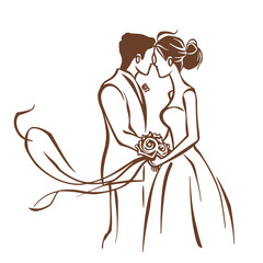 vector one line art bride and groom wedding couple isolated background
