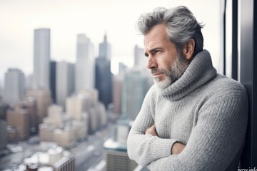 A stylish middle-aged gentleman in a gray roll-neck cashmere sweater, admiring the snowy city view from his apartment balcony - obrazy, fototapety, plakaty