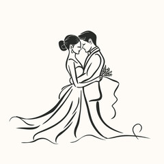 vector one line art bride and groom wedding couple isolated background