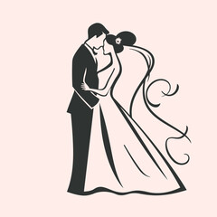 vector one line art bride and groom wedding couple isolated background