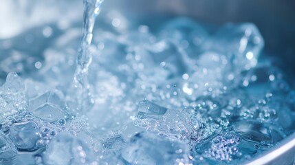A close view of refreshing ice bubbles in a cool blue water background, ice bath