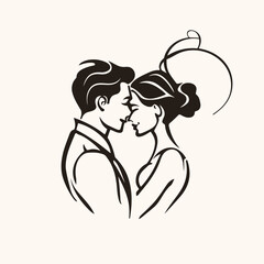 vector one line art bride and groom wedding couple isolated background