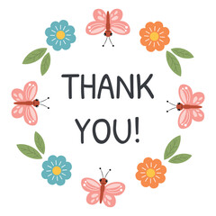 Thank you round stickers with flower, floral frame. Thank you label, appreciation tag card, stamp. Printable small business packaging round sticker with lettering, floral, botanical frame.