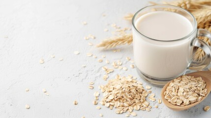Nutritious oat milk with whole oats and wheat on a neutral backdrop, alternative vegan plant-based milk