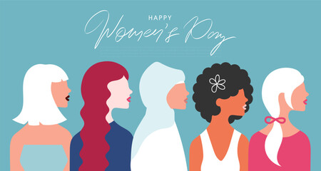 International Womens Day greeting banner. Women different nationalities on pink background. Girl power, struggle for equality, feminism, sisterhood concept. Vector.