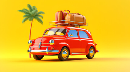 red car with luggage ready for summer holidays 3D Rendering, Blue car with luggage and beach accessories on blue background, Auto vacanze con valigie e bagagli, mare, Generative AI