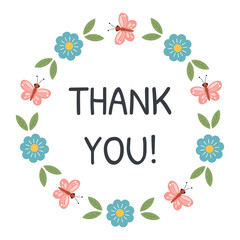 Thank you round stickers with flower, floral frame. Thank you label, appreciation tag card, stamp. Printable small business packaging round sticker with lettering, floral, botanical frame.