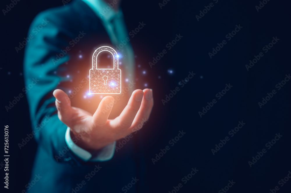 Poster cybersecurity and privacy concepts to protect data. businessman holding virtual padlock icon in conc