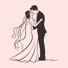 Fototapeta premium vector one line art bride and groom wedding couple isolated background