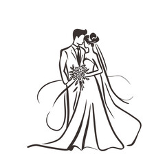 vector one line art bride and groom wedding couple isolated background