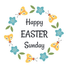 Happy Easter Sunday card, round stickers. Easter greeting ion floral frame with flowers. Spring festive ornament. For greeting cards, gift tags, packaging, invitation.