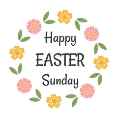 Happy Easter Sunday card, round stickers. Easter greeting ion floral frame with flowers. Spring festive ornament. For greeting cards, gift tags, packaging, invitation.