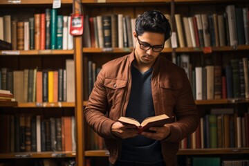 A studious young South Asian man, wearing glasses, engrossed in a classic novel in a quiet, rustic library