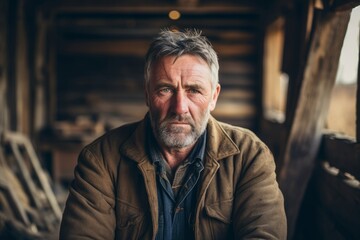 Robust man with a deep voice and gray stubble, a symbol of resilience, standing in a time-worn barn - obrazy, fototapety, plakaty
