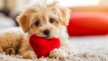 Cute maltese puppy with a red heart. Sweet and romantic moment. Romantic background for greeting card, banner. Concept Valentine celebration and love declaration.	
