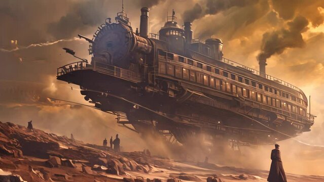 Steam train in the industrial revolution era with steampunk mixed style 