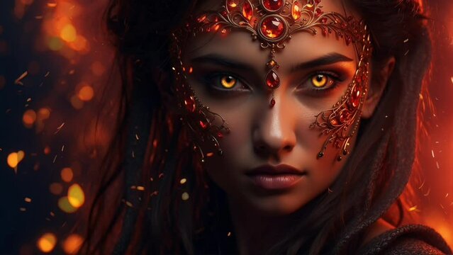 motion of a warrior girl's face with yellow fiery eyes and bokeh of sparks
