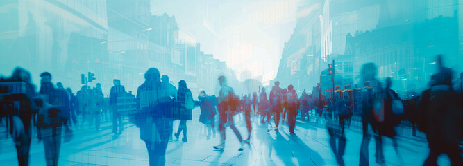People in urban city. People on a hustling street. Double exposure with people and city on the background