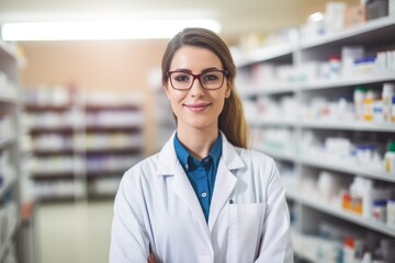 Fototapeta premium A Smiling Female Pharmacist in Her Organized Pharmacy, Surrounded by an Array of Health Products and Medicines