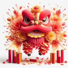 red and yellow pastel peach blossom petals shaped into a funny Beautiful chinese lunar new year lion dancing with firecrackers splash