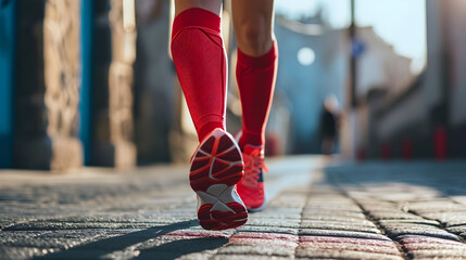 Woman in Red Compression Socks for Protect Cardiovascular Care. Generative AI