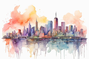 Watercolor cityscape. Explore the charm of a big city skyline captured in vibrant watercolors....