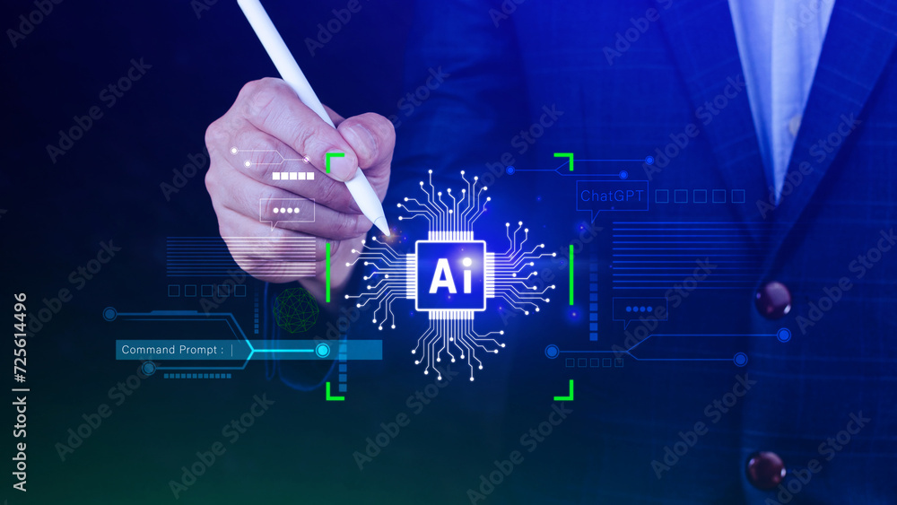 Fototapete ai tech, businessman using virtual graphic global internet connect chatgpt chat with ai, artificial 