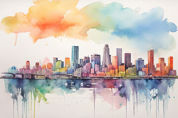 Watercolor cityscape. Explore the charm of a big city skyline captured in vibrant watercolors. Perfect for adding a touch of artistic elegance to your projects. 