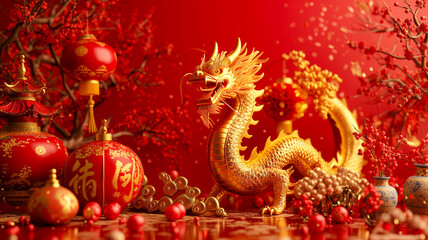 Fototapeta premium Golden chinese dragon and chinese lantern on red background, Red chinese dragon pattern on red background, New Year abstract greeting backdrop with copy space. Design for poster, card, banner.