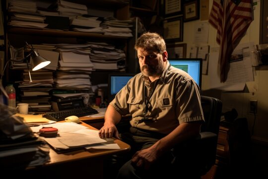 A portrait of a committed parole officer surrounded by his work in a small, dimly lit office