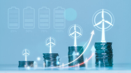 Sustainable business and investment, stack of silver coins with virtual windmill and graph present...
