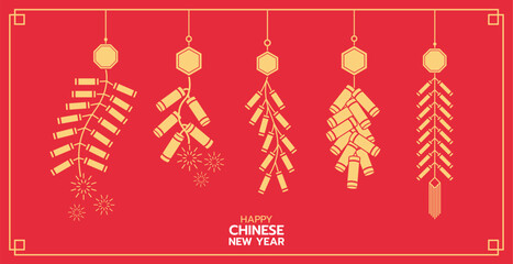 Hanging firecrackers chinese style, illustrations and decorations for Asian New Year, holiday celebration and greetings. flat design, 2D front view.