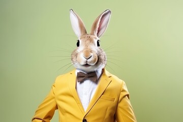 animal rabbit concept Anthromophic friendly rabbit wearing suite formal business suit pretending to work in coporate workplace studio shot on plain color wall