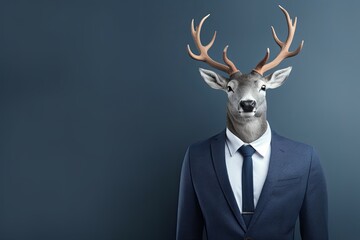 animal deer concept Anthromophic friendly rabbit wearing suite formal business suit pretending to work in coporate workplace studio shot on plain color wall - Powered by Adobe