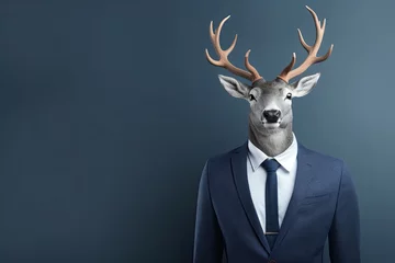 Foto op Aluminium animal deer concept Anthromophic friendly rabbit wearing suite formal business suit pretending to work in coporate workplace studio shot on plain color wall © VERTEX SPACE