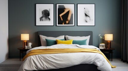 modern contemporary room interior backdrop house bedroom interior with vibrant color design decoreating with wooden frame photo artwork on feature headboard wall home design ideas concept