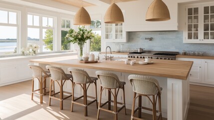 coastal interior design concept dining natural material cosy comfort Woven pendant lights bring a modern coastal feeling to this light and airy kitchen The stylish counter stools are a favorite theme