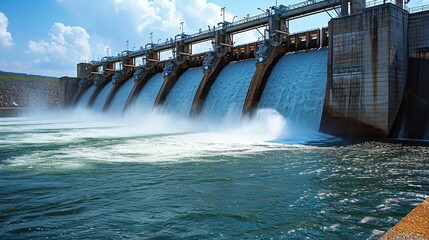 Portrait a large dam with water flowing out. Hydroelectric power plant background.