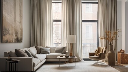full curtains in an apartment light-colored room with subtle pops of color depth of field background. Earth-natural colors subtle pops of color high-contrasting feminine natural materials home design